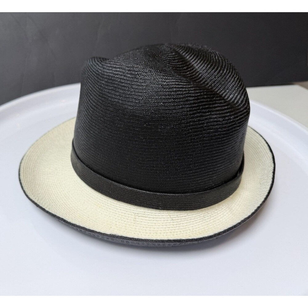 Vintage Mr John Classic Hat Black Ivory Straw Fedora delicate Pom Pom NY Paris - Picture 11 of 16